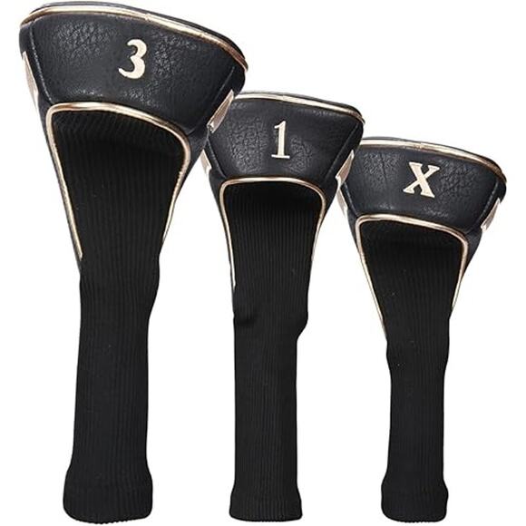Black & Gold  Golf Head Covers 3pcs Set, Driver Fairway Wood Headcovers 1/ 3 / X - Picture 3 of 13